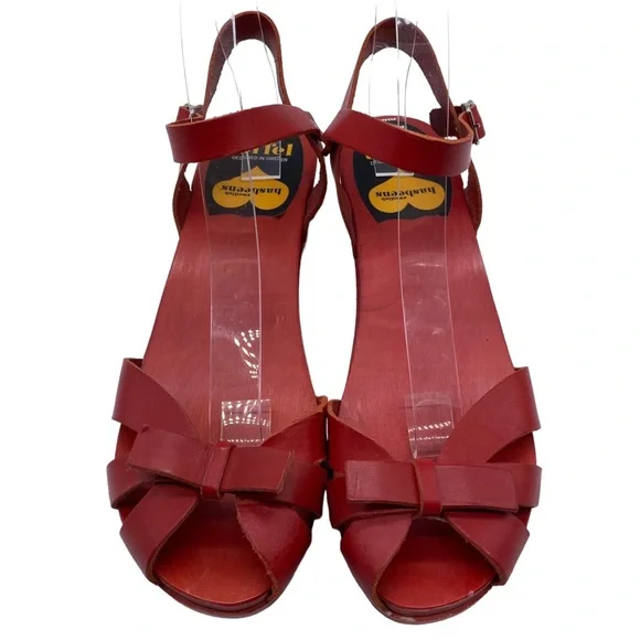 Swedish Hasbeens Sandal Red Leather Clog Bow Buckle Wood Size 8.5 - Picture 6 of 15